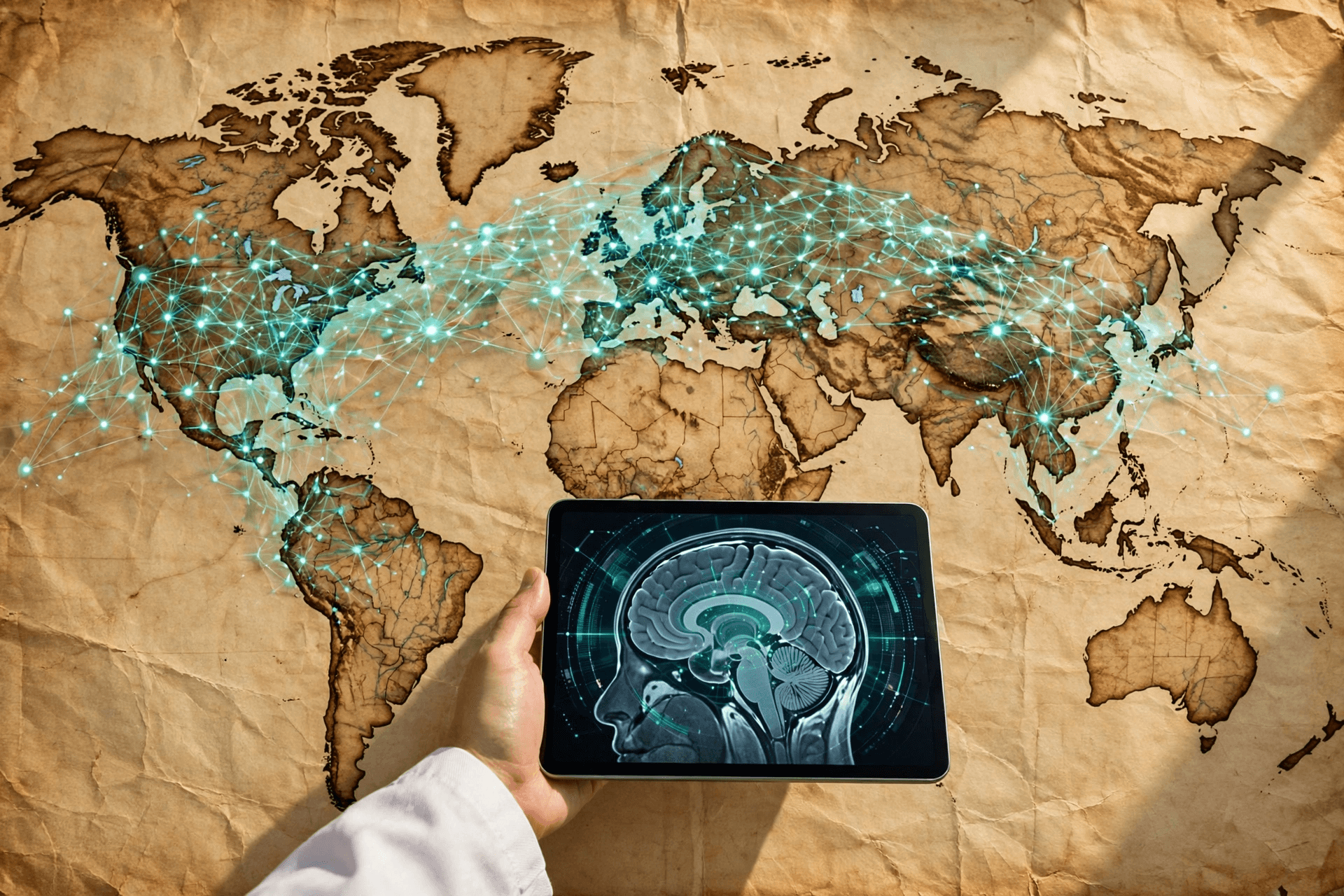 A vintage world map overlaid with a glowing neural-network pattern, a doctor's hand holding a tablet showing an AI diagnostic scan