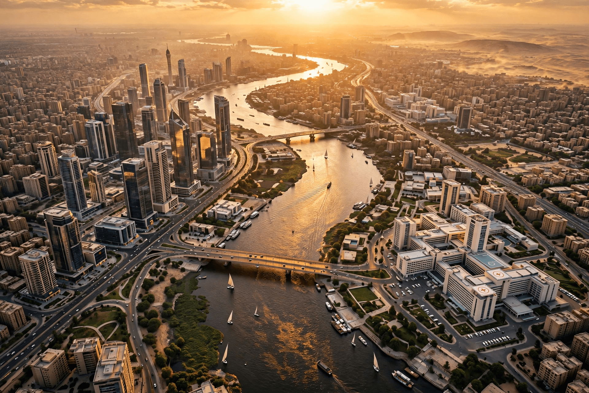 Premium aerial view of modern Cairo skyline at golden hour with the Nile, Egypt medical device registration, Fortune 500 global market editorial