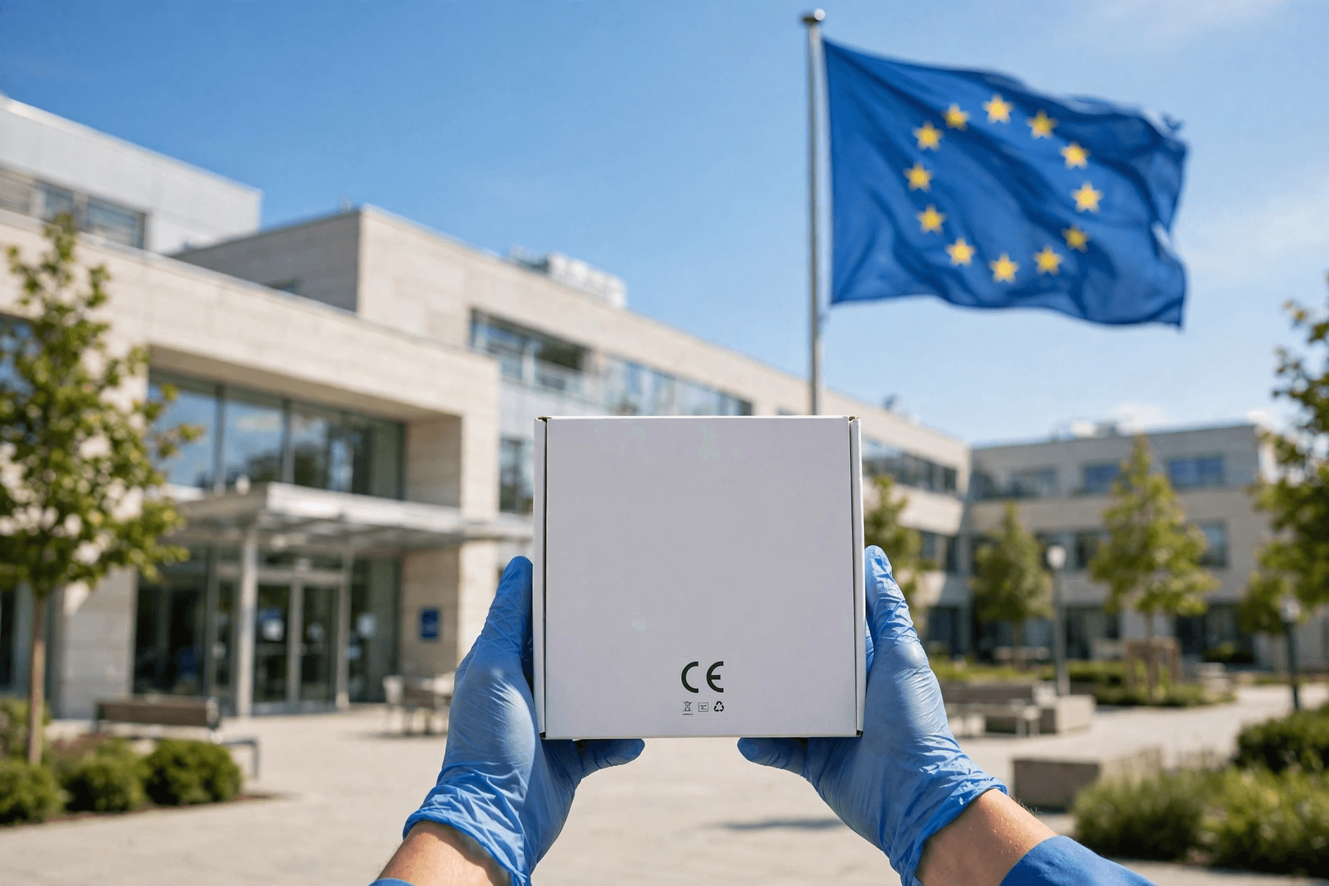 EU flag with a CE-marked sterile medical device package in front of a European hospital at dusk
