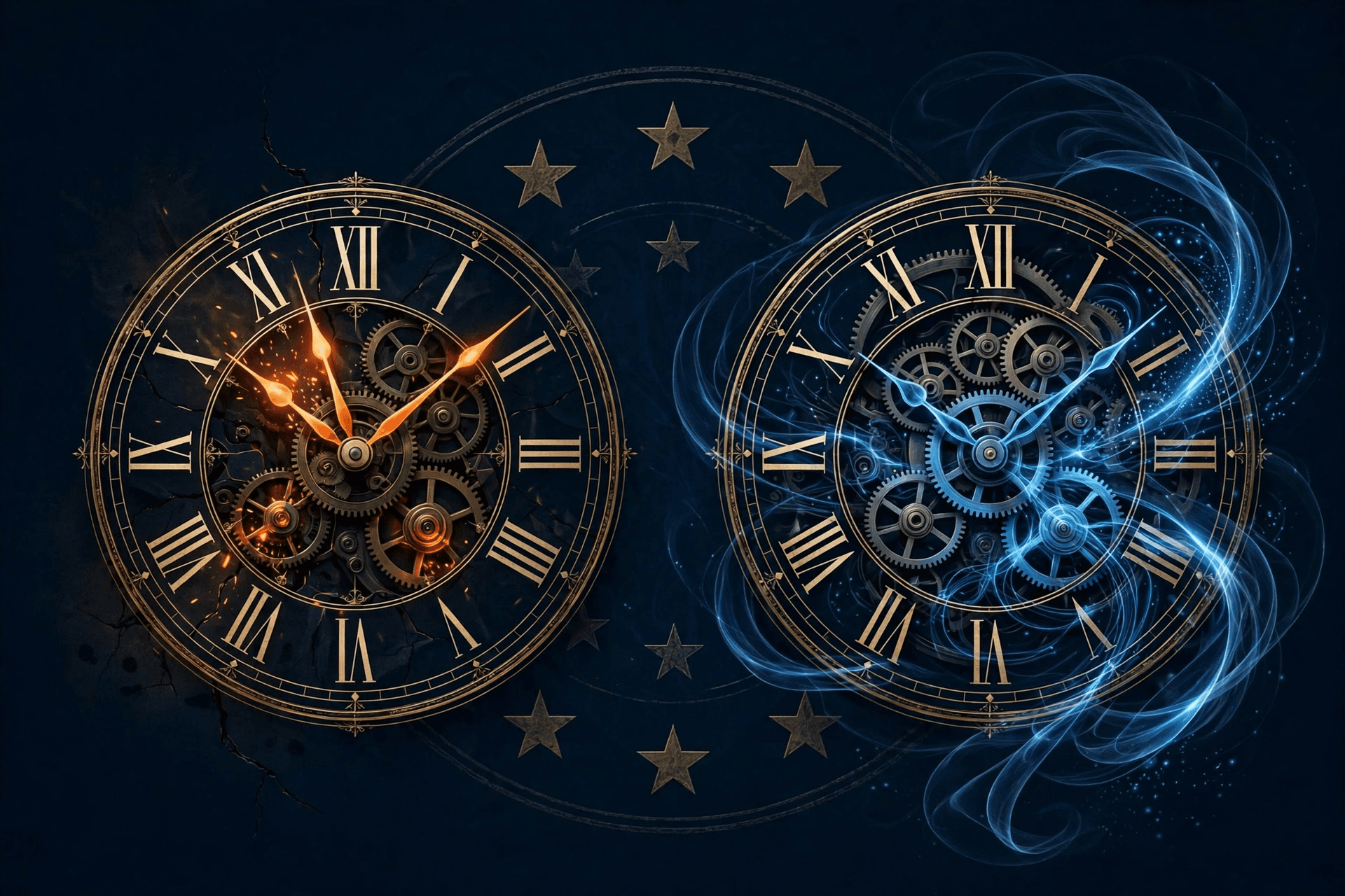 Two clock faces on dark navy — one amber clock running out of time, one blue clock being rewritten — EUDAMED deadline and EU MDR simplification