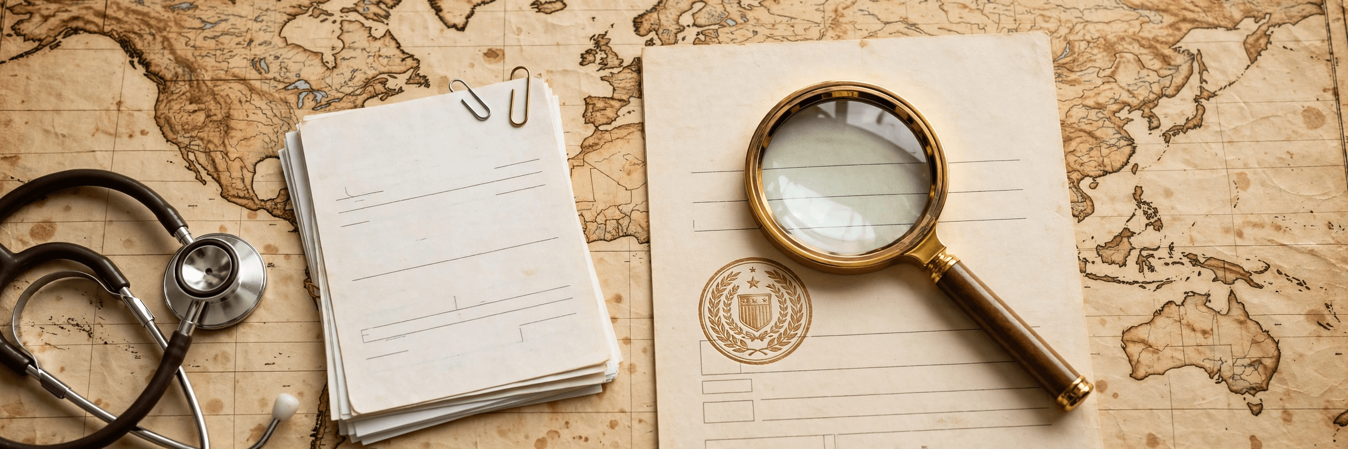 A vintage world map with a magnifying glass examining a regulatory submission document stamped with a clearance seal, clinical paperwork and a stethoscope