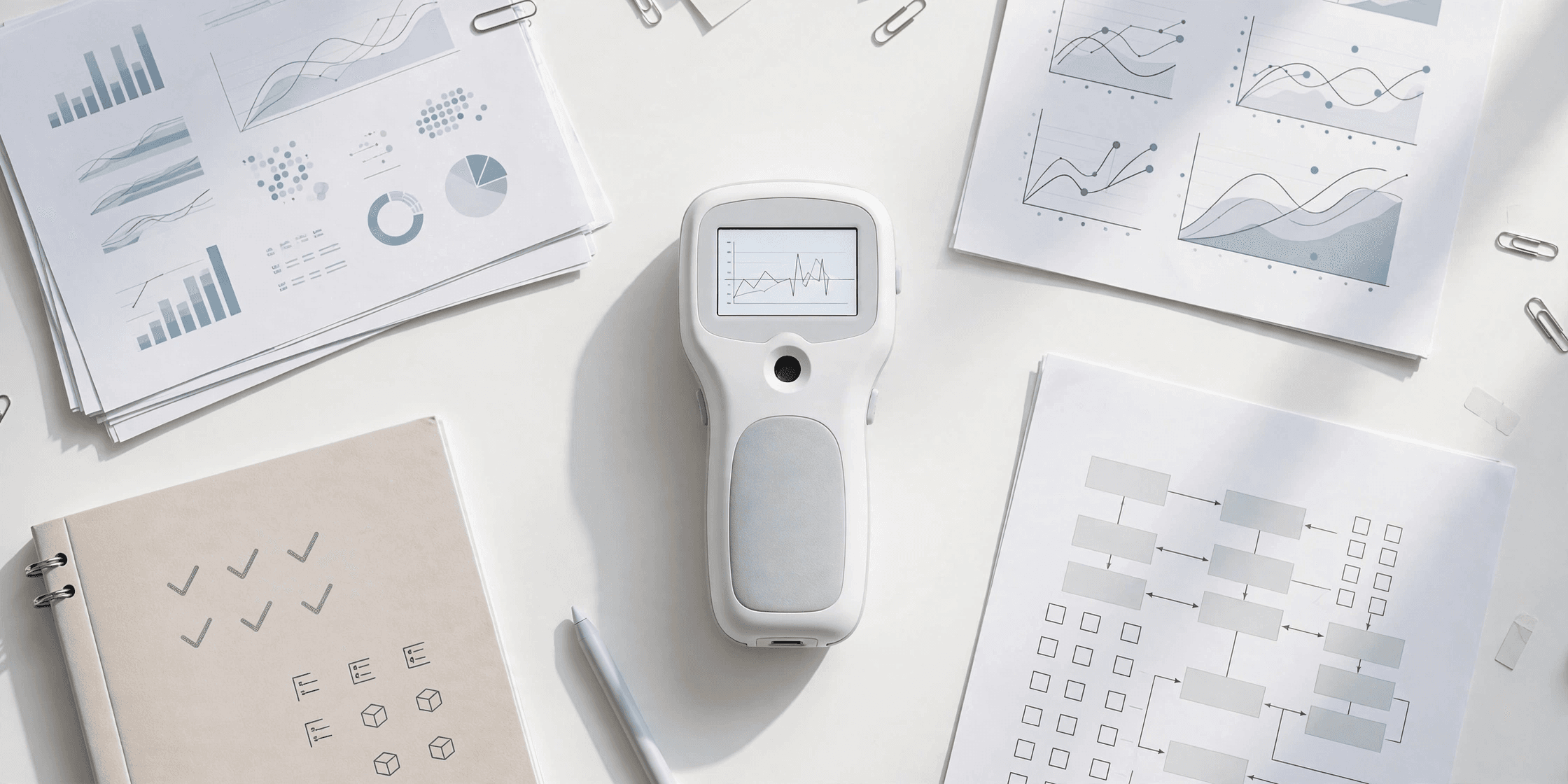 Overhead flat-lay of a novel handheld medical device surrounded by its evidence documents: test reports, clinical data charts, quality manual, and classification flowchart