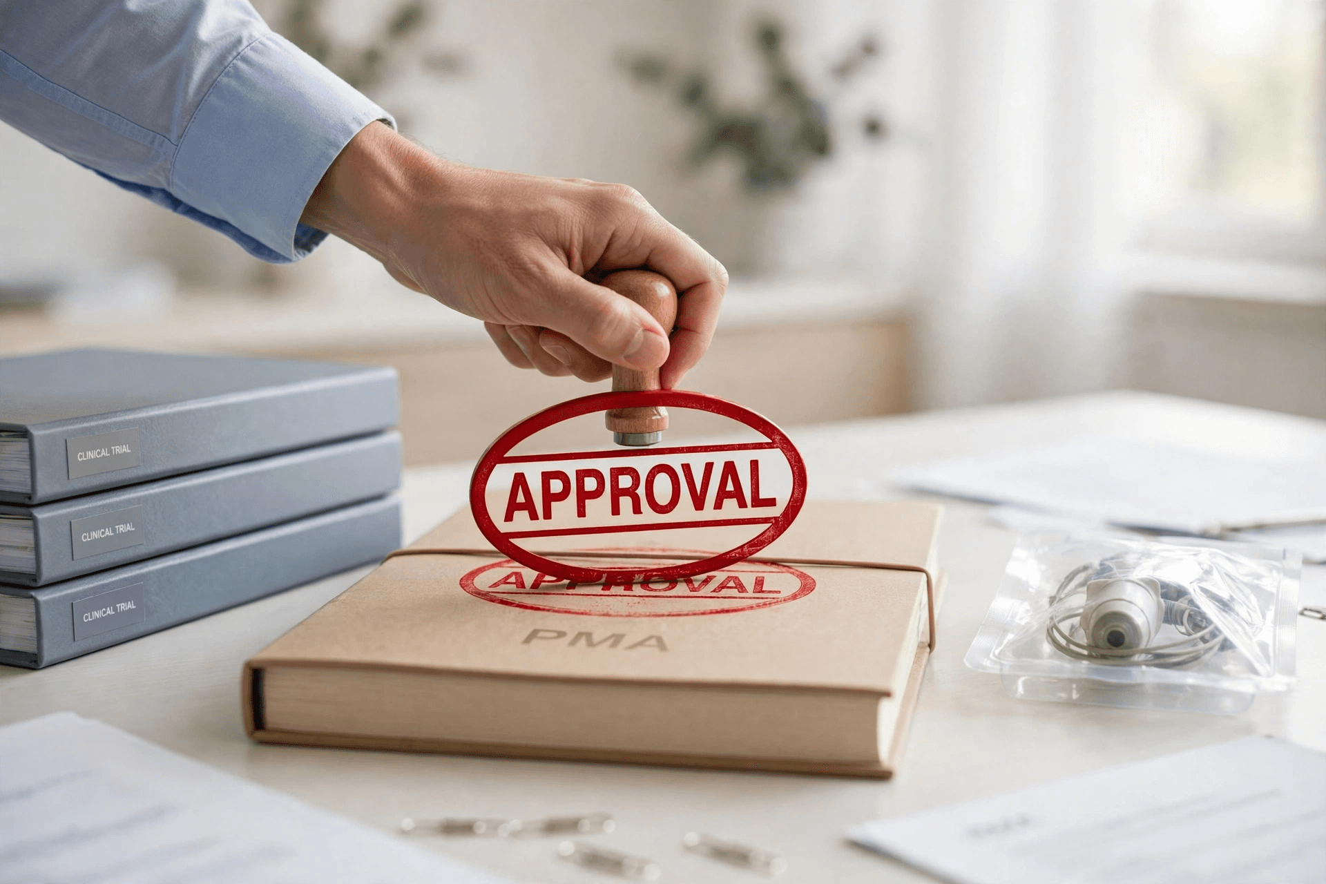 A hand stamping APPROVAL onto a PMA dossier beside clinical trial binders and a Class III implantable device