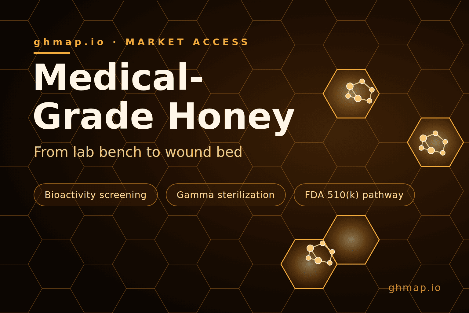 Honeycomb lattice with molecular nodes illustrating medical-grade honey research