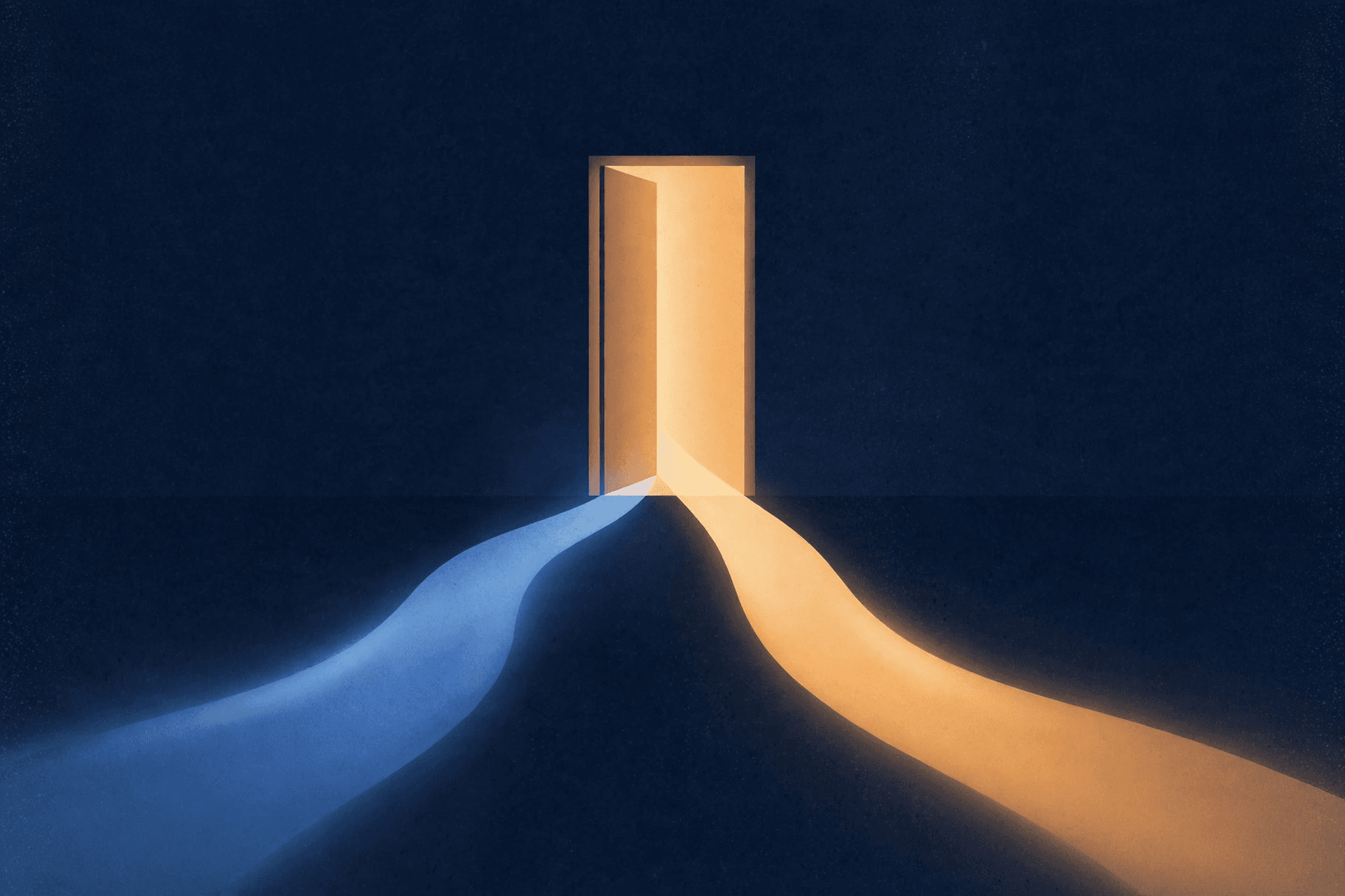 A single open doorway of warm light on dark navy, with two paths of light — azure and amber — flowing out in different directions: one conformity route serving two markets
