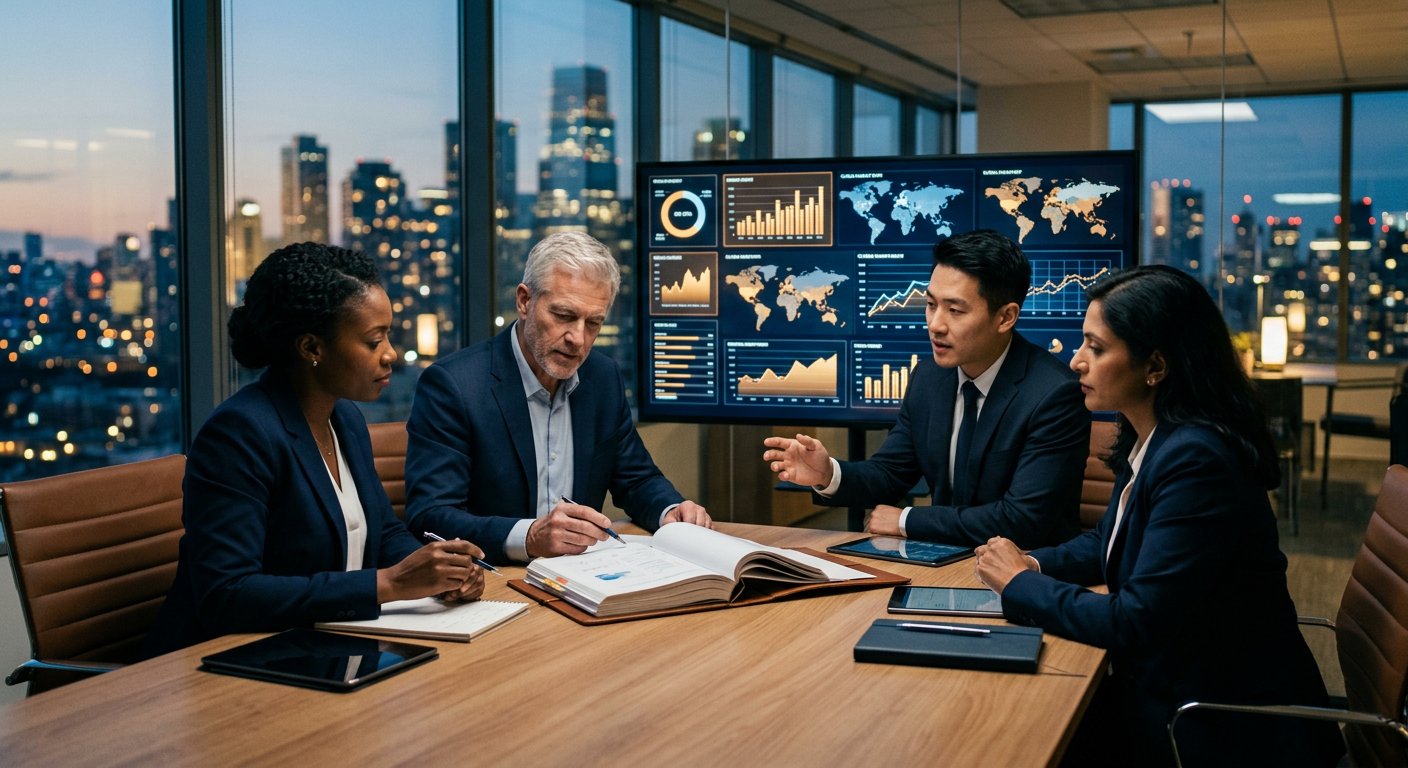 Regulatory team reviewing a market-entry dossier against global market data